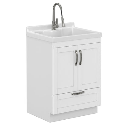 White laundry sink cabinet with chrome faucet, double doors, and pull drawer
