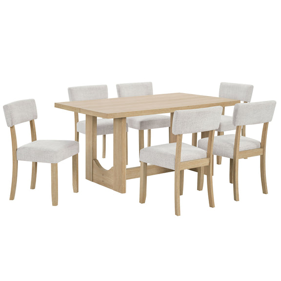 Rectangular light oak dining table with U-shaped base and six light gray upholstered chairs