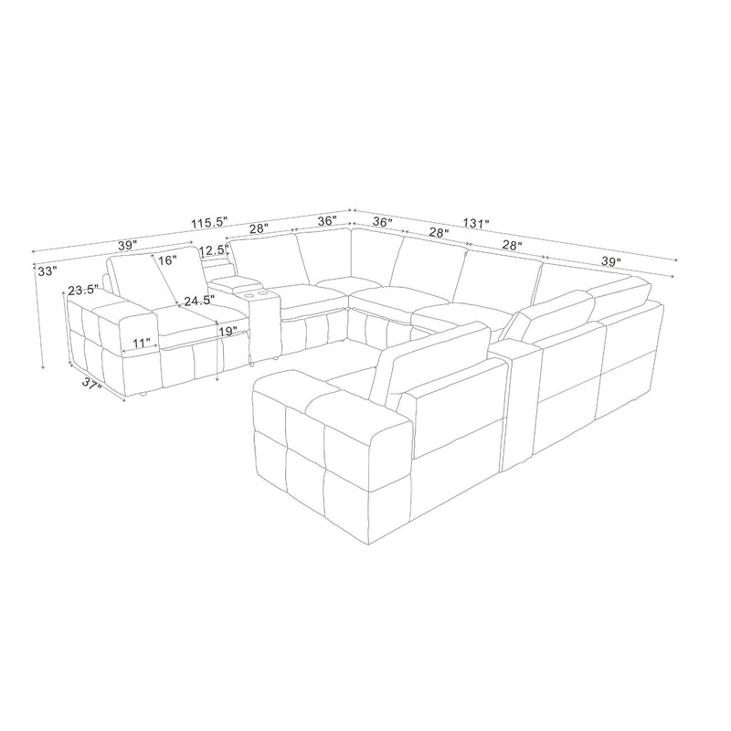 Line drawing of modular sectional sofa with large square arms and overall measurements