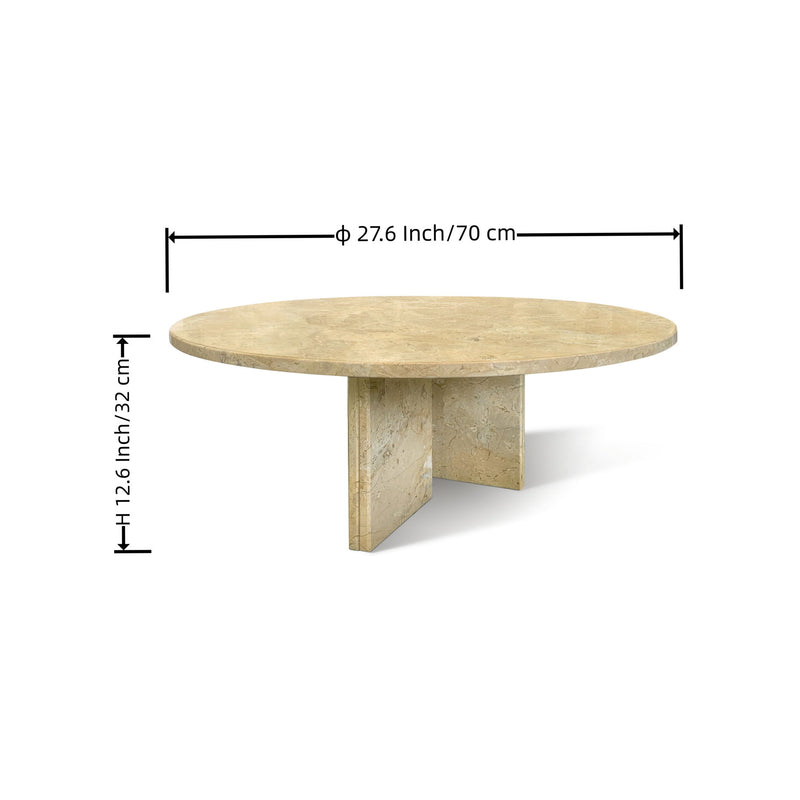 Round beige stone coffee table with natural veining and sturdy angular support.