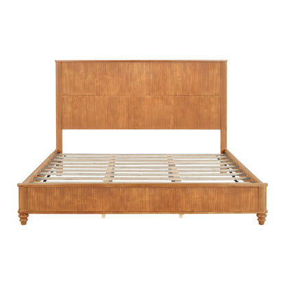 Light brown platform bed frame with tall paneled headboard and slatted base