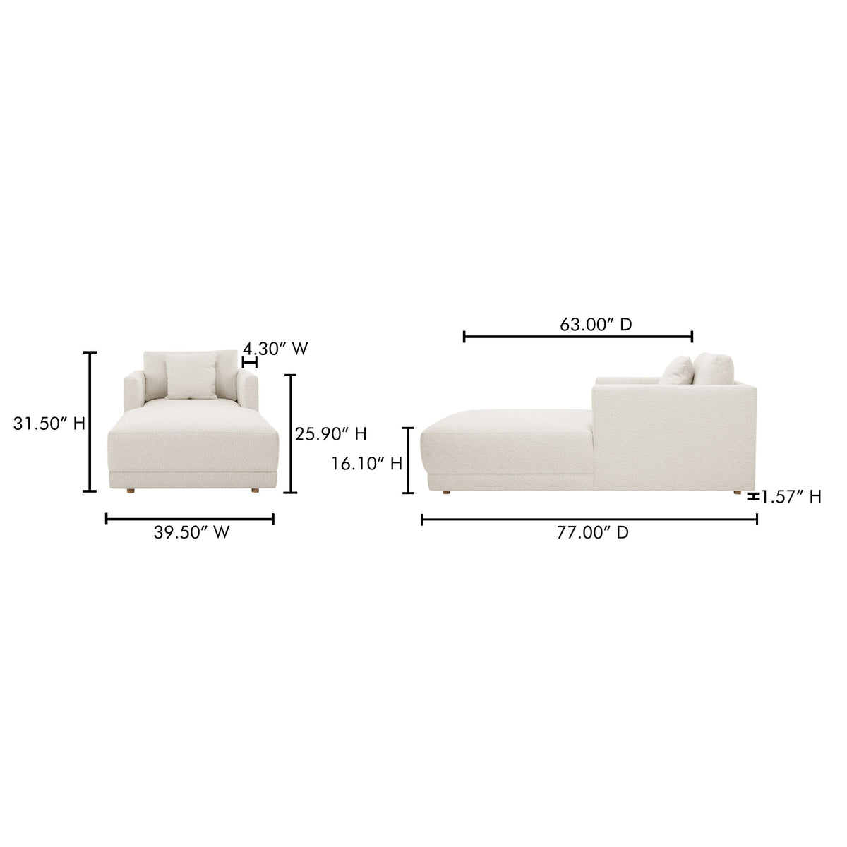 Upholstered chaise lounge in light beige with square arms and tapered wooden legs