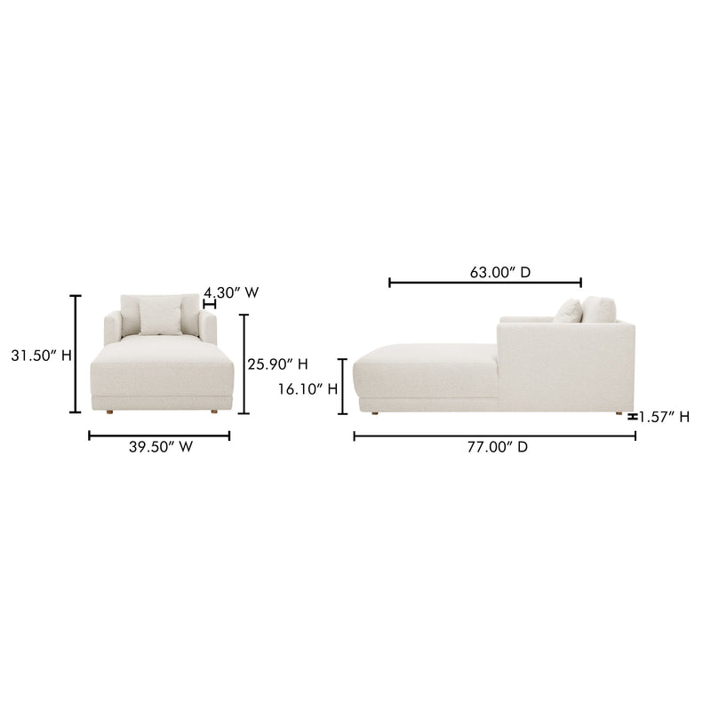 Upholstered chaise lounge in light beige with square arms and tapered wooden legs