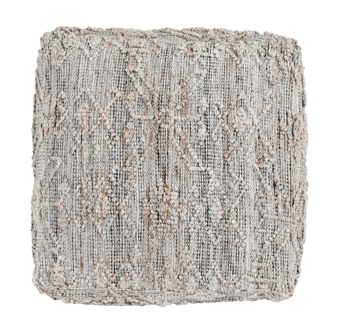 Gray multi textured fabric pouf, rectangular cube shape, vertical knit pattern
