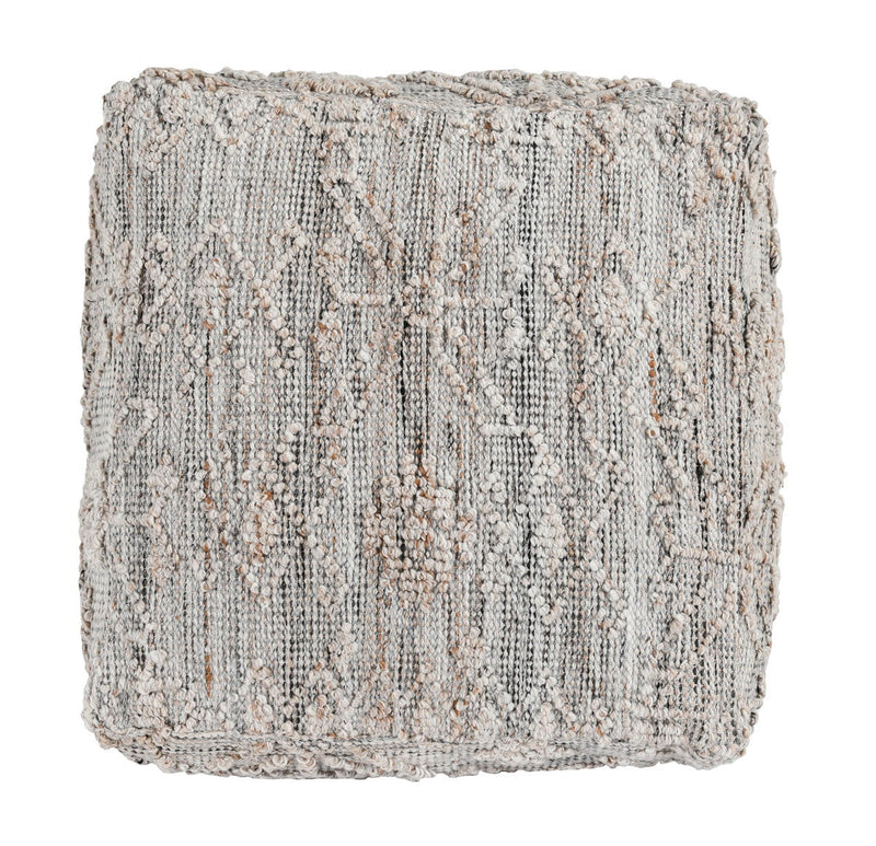 Gray multi textured fabric pouf, rectangular cube shape, vertical knit pattern