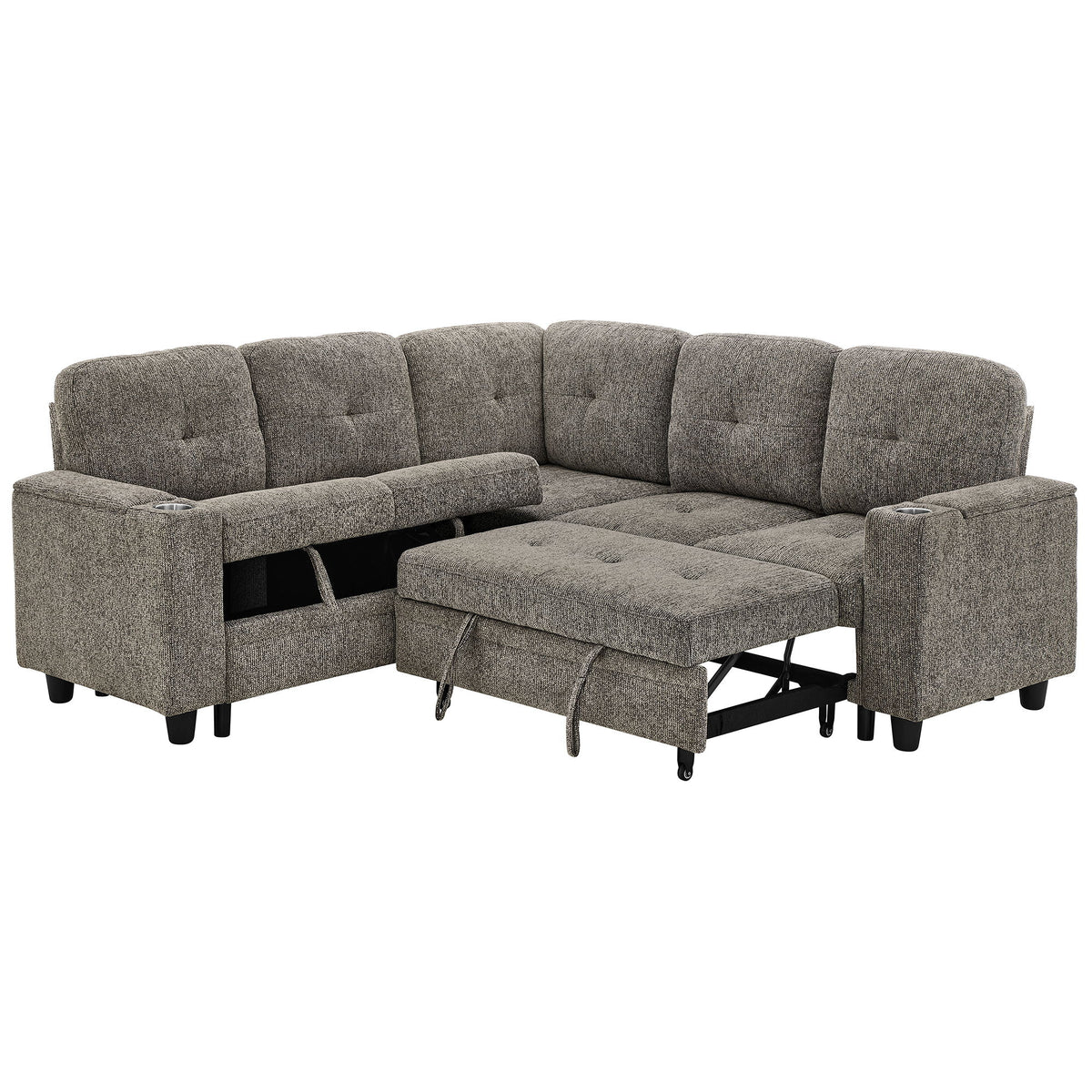 Gray L-shaped sleeper sectional sofa with pull-out chaise and storage ottoman