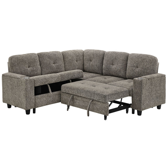 Gray L-shaped sleeper sectional sofa with pull-out chaise and storage ottoman