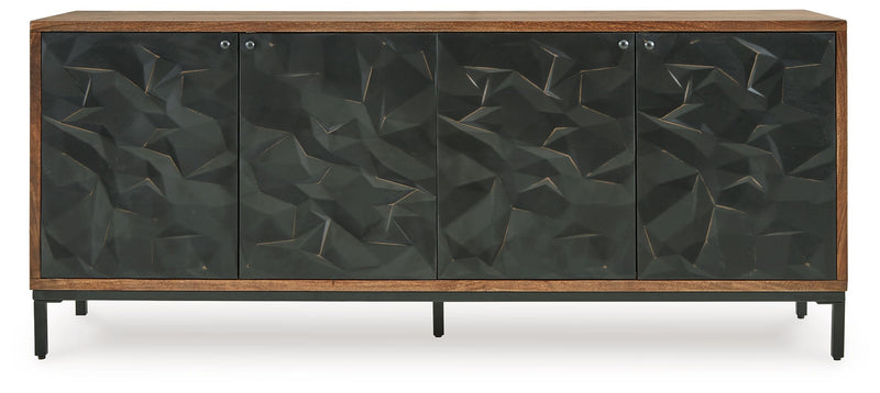 Accent cabinet with four door panels in dark geometric pattern and brown wood frame, metal legs