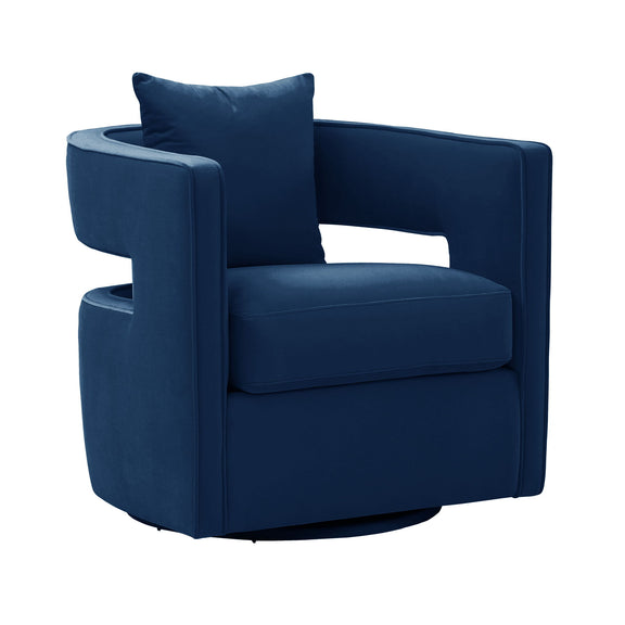 Blue swivel chair with thick armrests and upholstered seat cushion