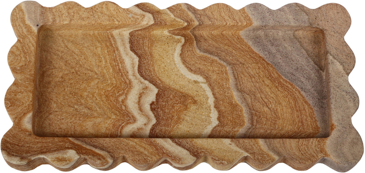 Genuine marble tray with scalloped edges, warm tan and brown veining pattern.