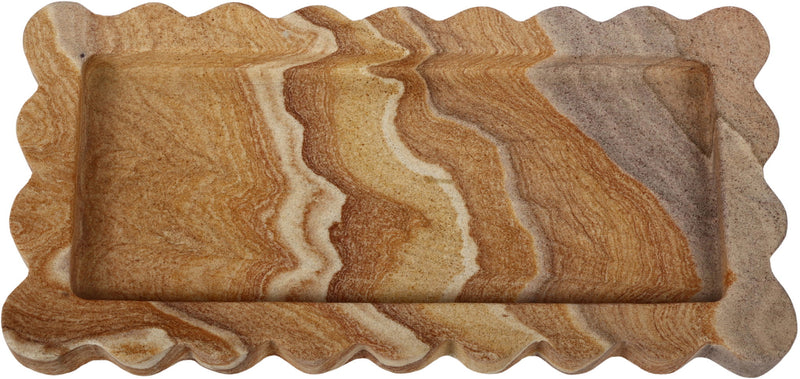 Genuine marble tray with scalloped edges, warm tan and brown veining pattern.
