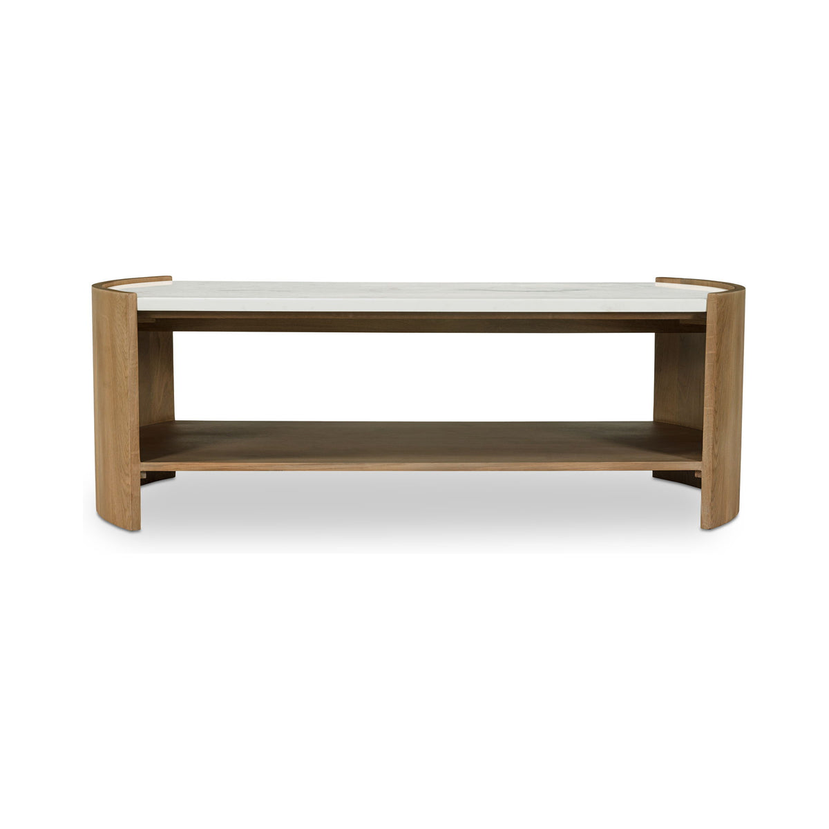 Coffee table with white tabletop, light brown legs, and open lower shelf.