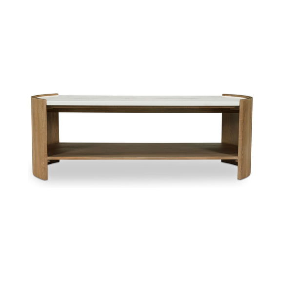 Coffee table with white tabletop, light brown legs, and open lower shelf.