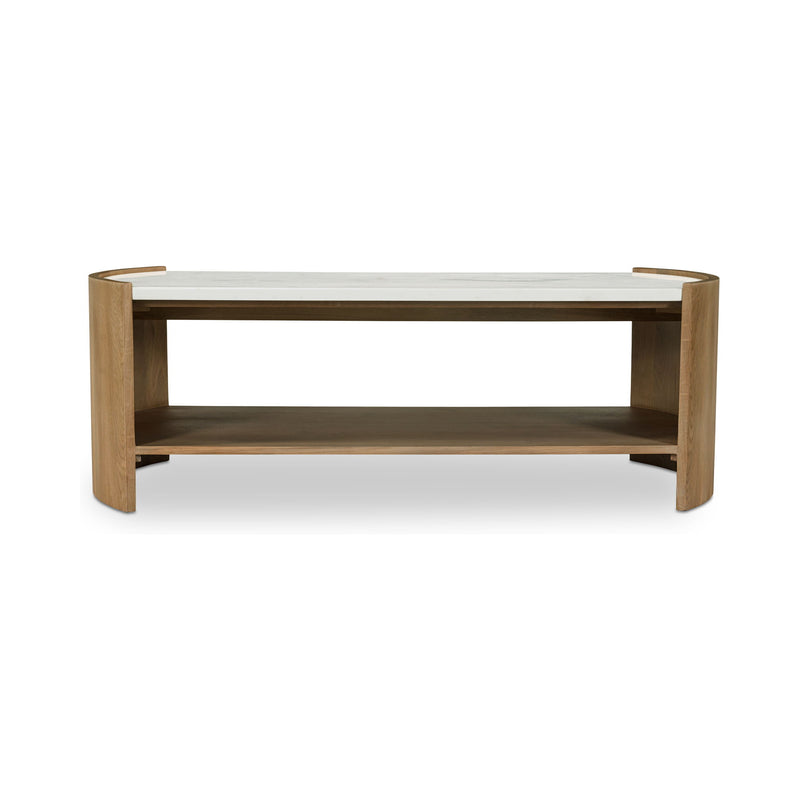 Coffee table with white tabletop, light brown legs, and open lower shelf.