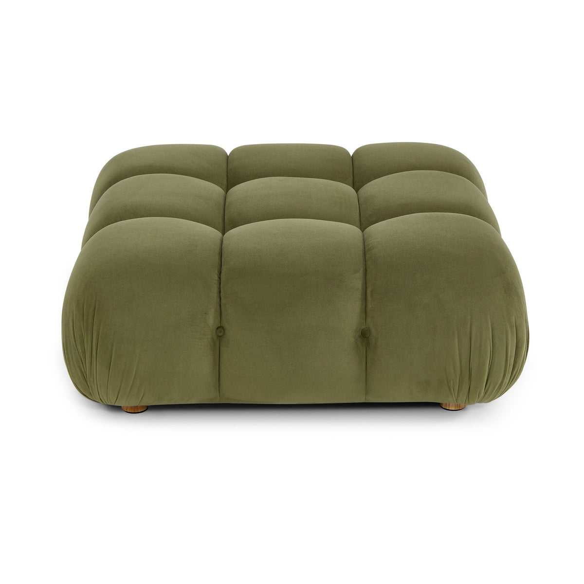 Olive green modular ottoman with tufted circular seat cushions and rounded base
