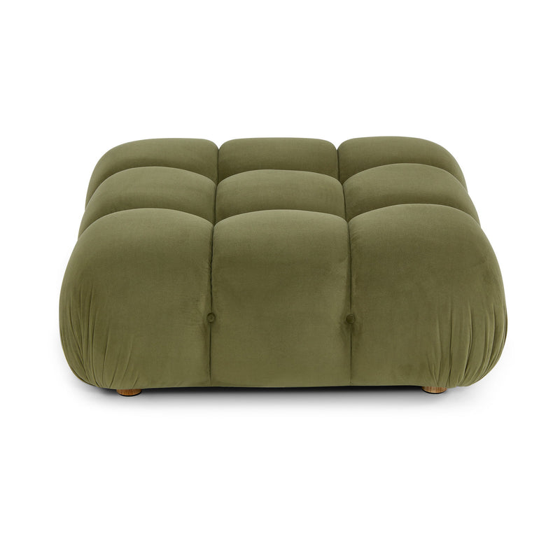 Olive green modular ottoman with tufted circular seat cushions and rounded base