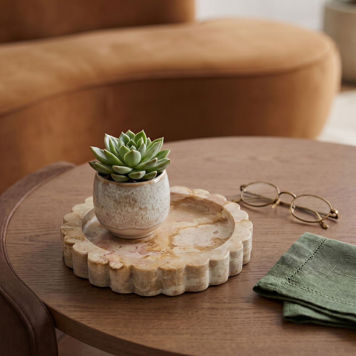 Ricardo genuine marble tray with scalloped rim in beige marble