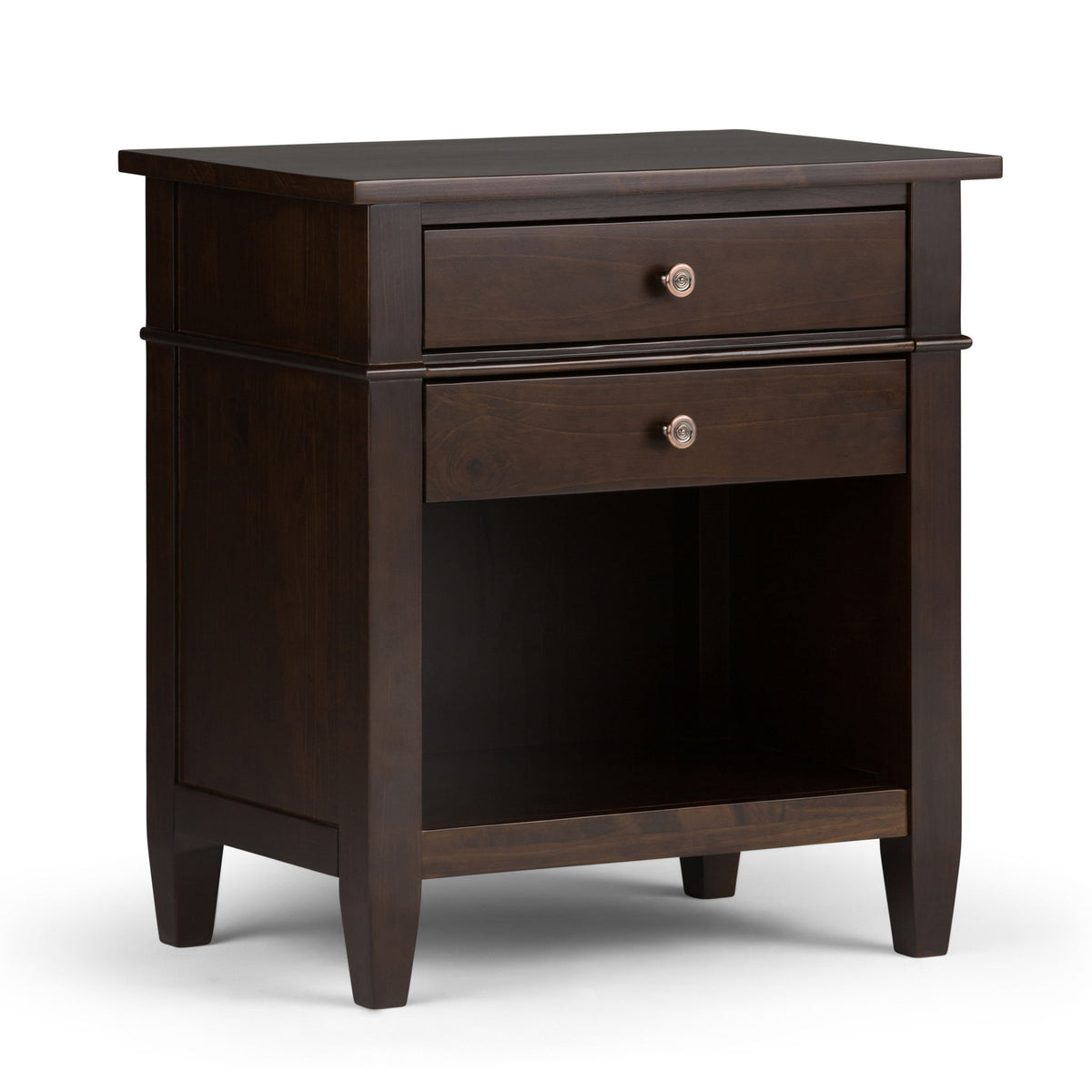 Handcrafted bedside table in dark wood with two drawers and open shelf