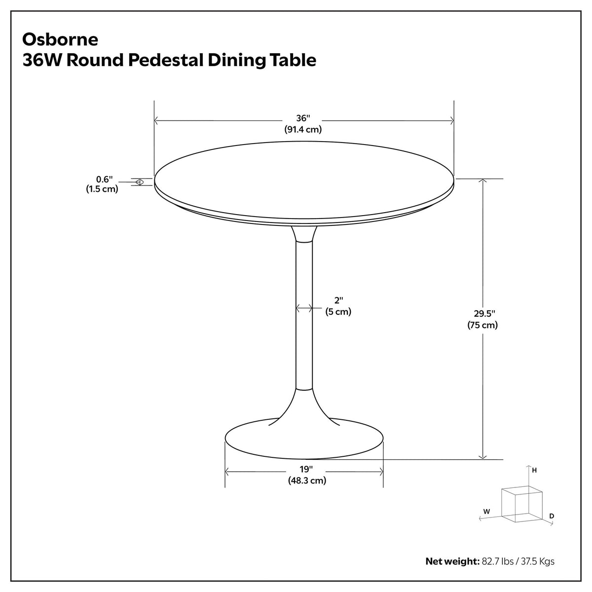 36-inch round pedestal dining table, 29.5 inches tall, with a 19-inch base