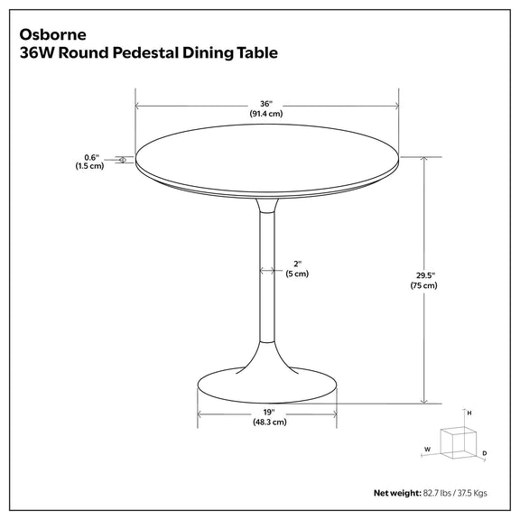 36-inch round pedestal dining table, 29.5 inches tall, with a 19-inch base