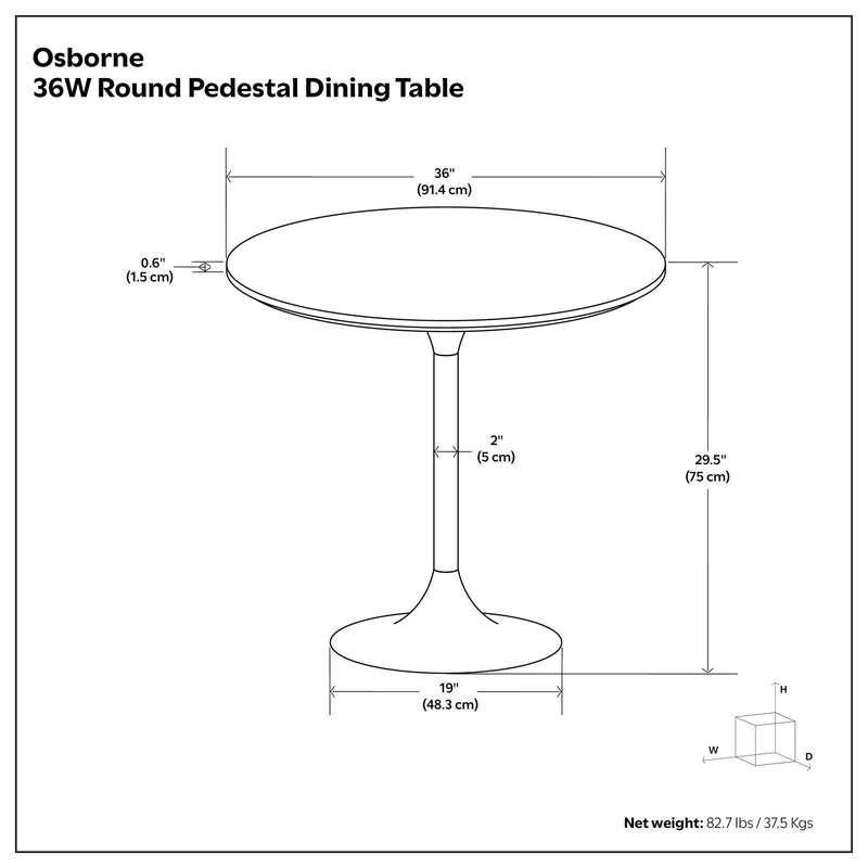 36-inch round pedestal dining table, 29.5 inches tall, with a 19-inch base