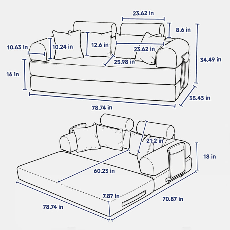 Sleeper sofa bed dimensions diagram with seat and extended bed measurements