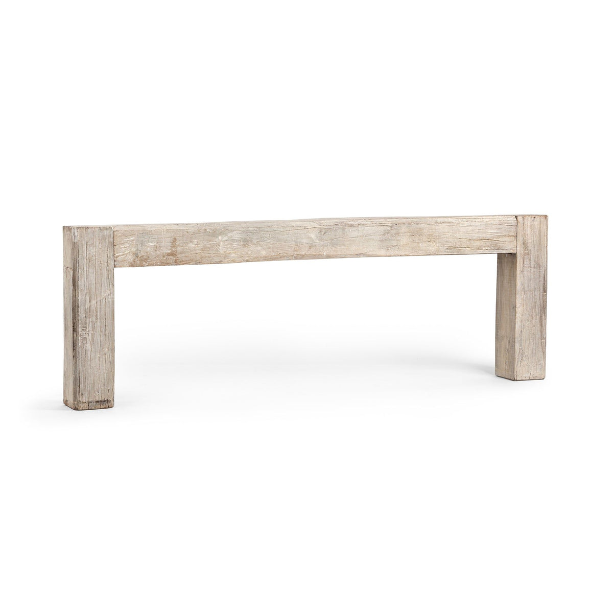 Console table in light reclaimed wood with thick legs and rectangular top.