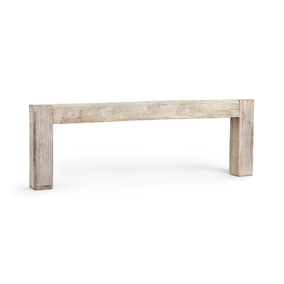 Console table in light reclaimed wood with thick legs and rectangular top.
