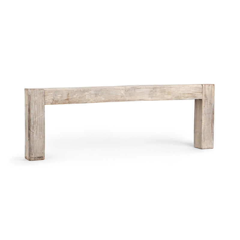 Console table in light reclaimed wood with thick legs and rectangular top.