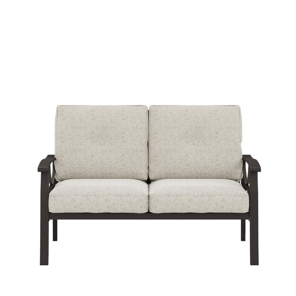 Beige 2-seat outdoor loveseat sofa with two back cushions and padded seat cushions