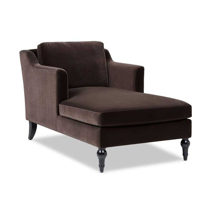 Dark brown upholstered chaise lounge with curved arms and cushioned seat