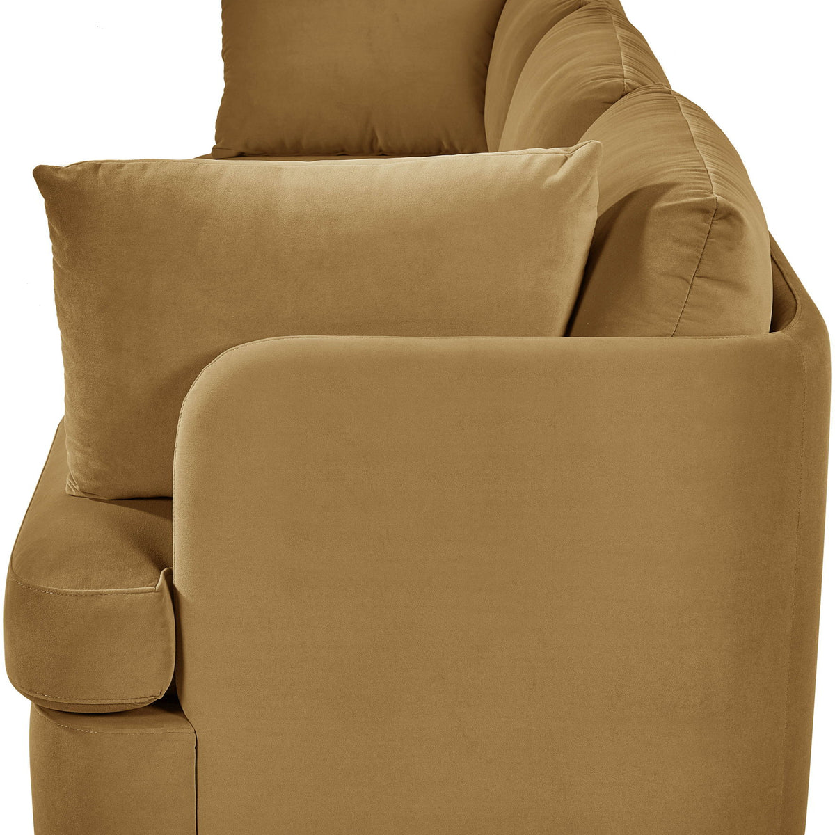 Tan upholstered 3-piece velvet sofa with rounded arms and back cushions