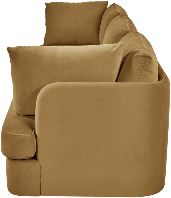 Tan upholstered 3-piece velvet sofa with rounded arms and back cushions
