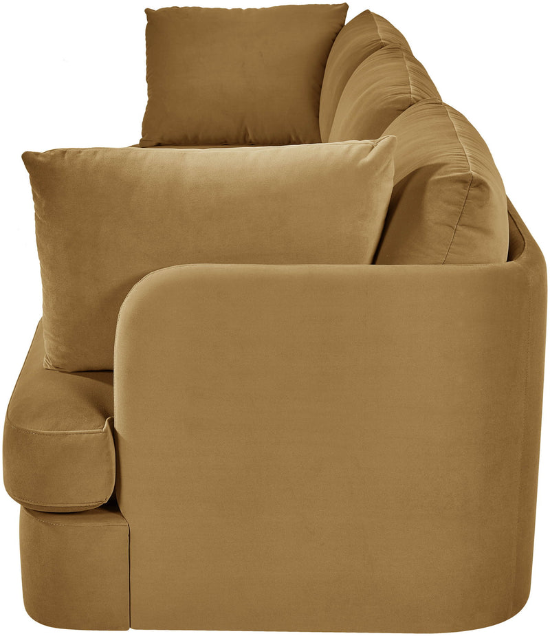 Tan upholstered 3-piece velvet sofa with rounded arms and back cushions