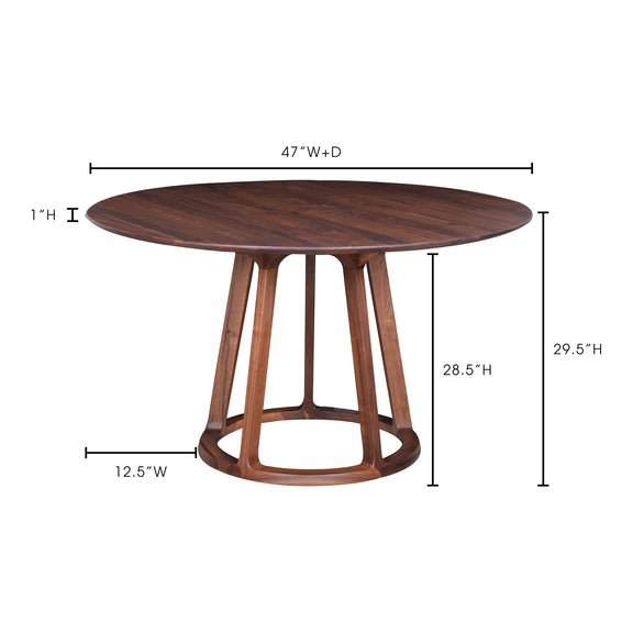 Round walnut dining table with pedestal base; shown 47" wide and 29.5" high