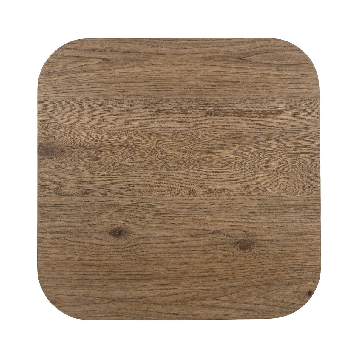 Tawny brown wood tabletop close-up with swirling grain pattern and rounded corners