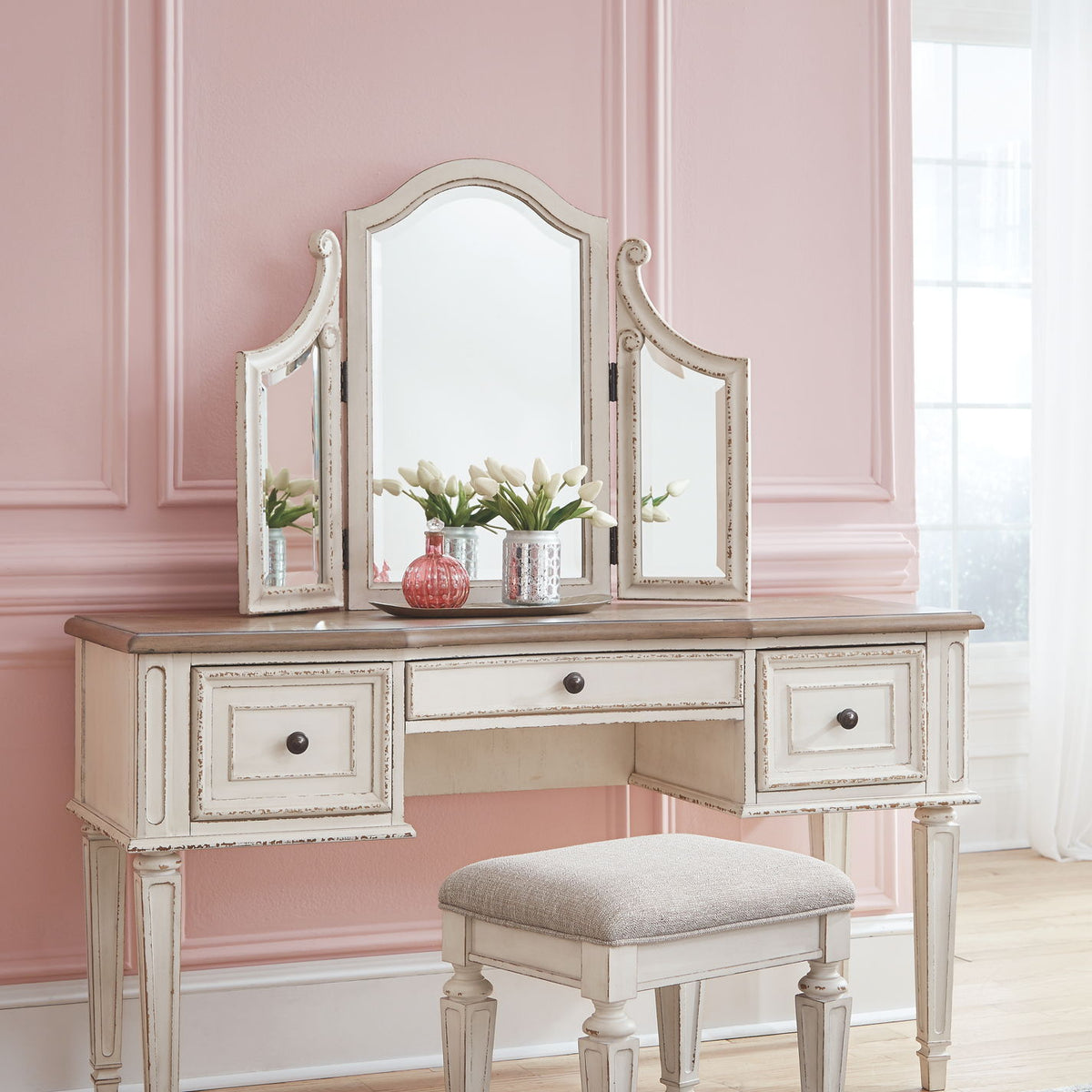 Realyn - Vanity/Mirror/Stool (Set of 3) - White / Brown / Beige