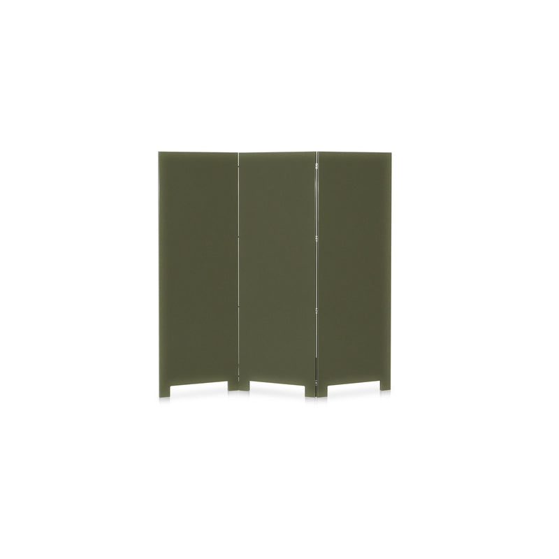 Deep olive 3-panel room divider screen with hinged folds, straight front