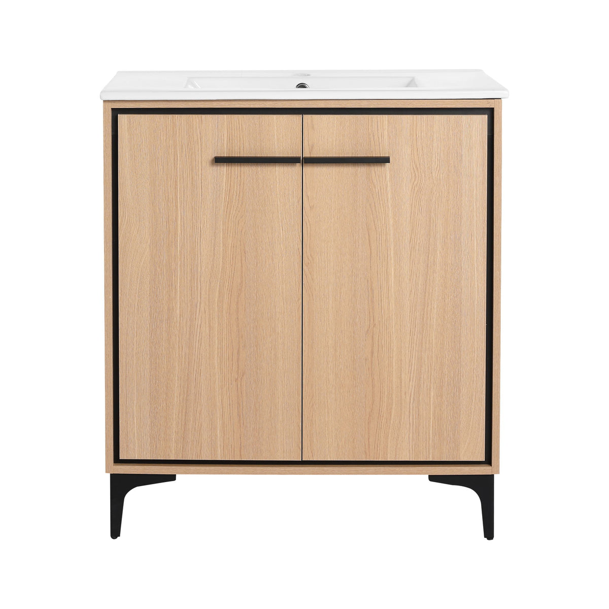 Light brown vanity cabinet with white sink and black bar handle, double-door storage, legs