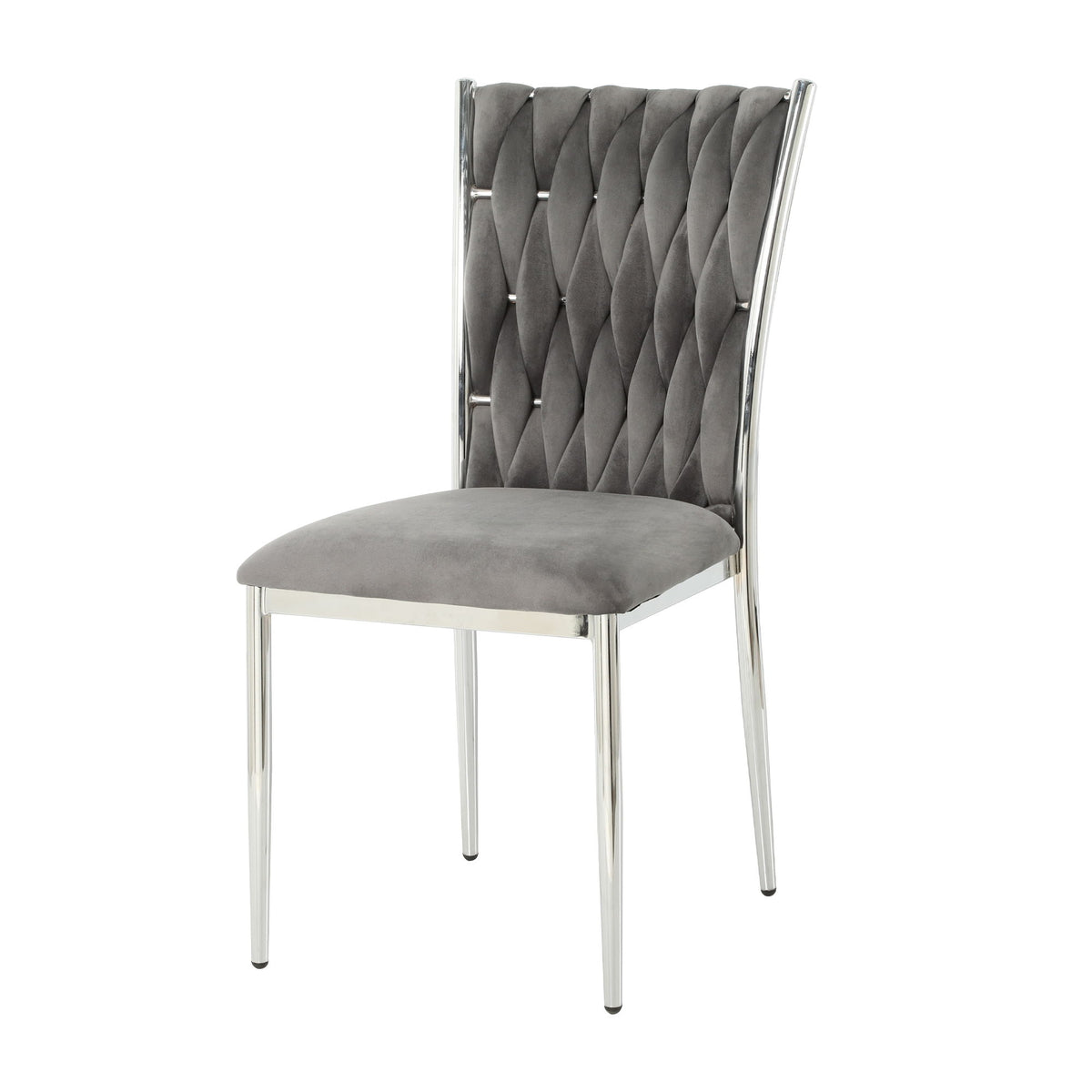 Gray tufted dining chair with diamond pattern back and chrome metal legs