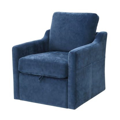 Blue upholstered swivel accent armchair with thick arms and cushioned seat