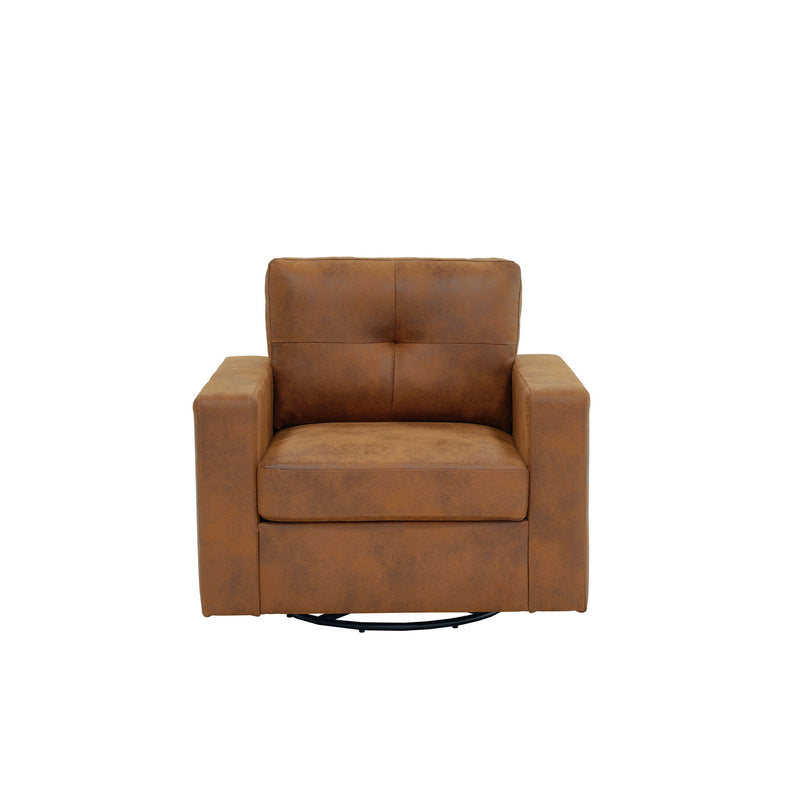 Light brown suede-style single sofa chair with high back and padded armrests
