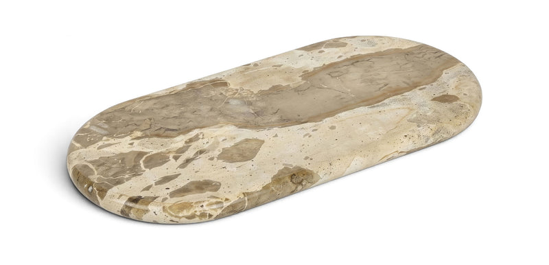 Genuine marble tray, beige oval with natural speckles and subtle mottling