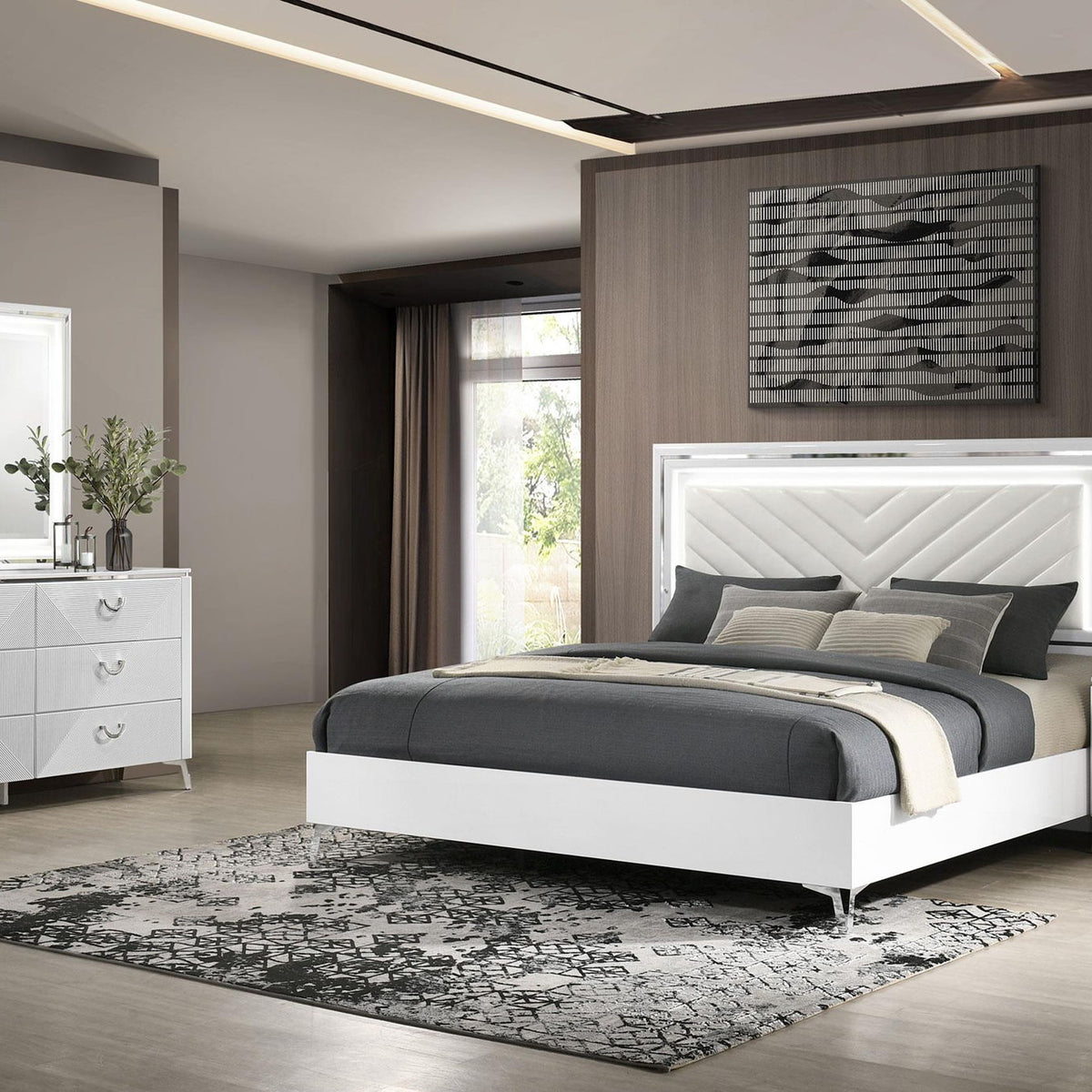 Cassia 4-piece Queen LED Bedroom Set White High Gloss