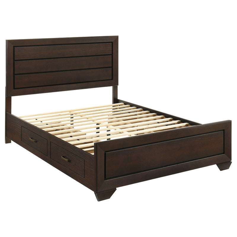 Dark brown wood platform bed with drawers and slat support, upholstered headboard panel