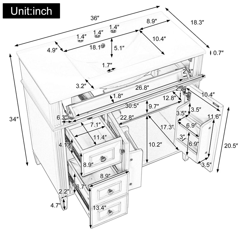 Bathroom Vanity With Sink, 3 Drawers & 2 Soft-Close Doors