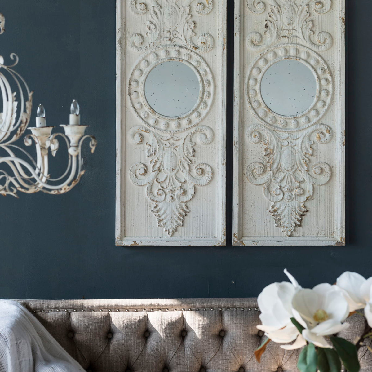 Large Wooden Wall Art Panels With Distressed Round Mirror Accents (Set of 2) - White