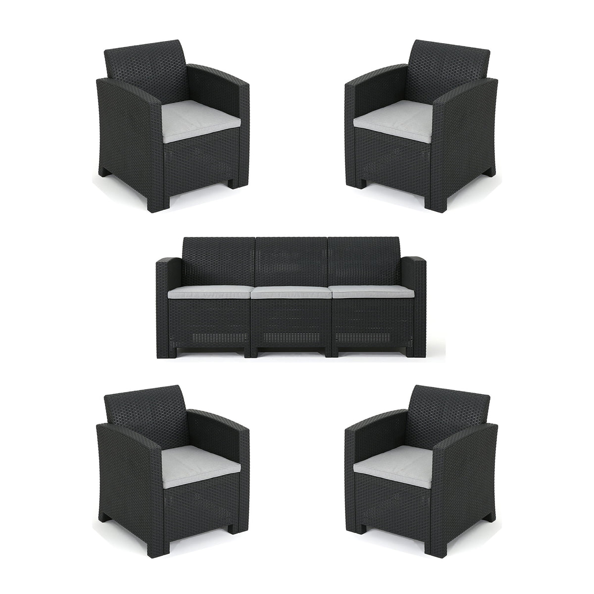 Outdoor Faux Wicker Rattan Style Chat Set With Water Resistant Cushions, 5 Pieces Set - Charcoal / Light Gray