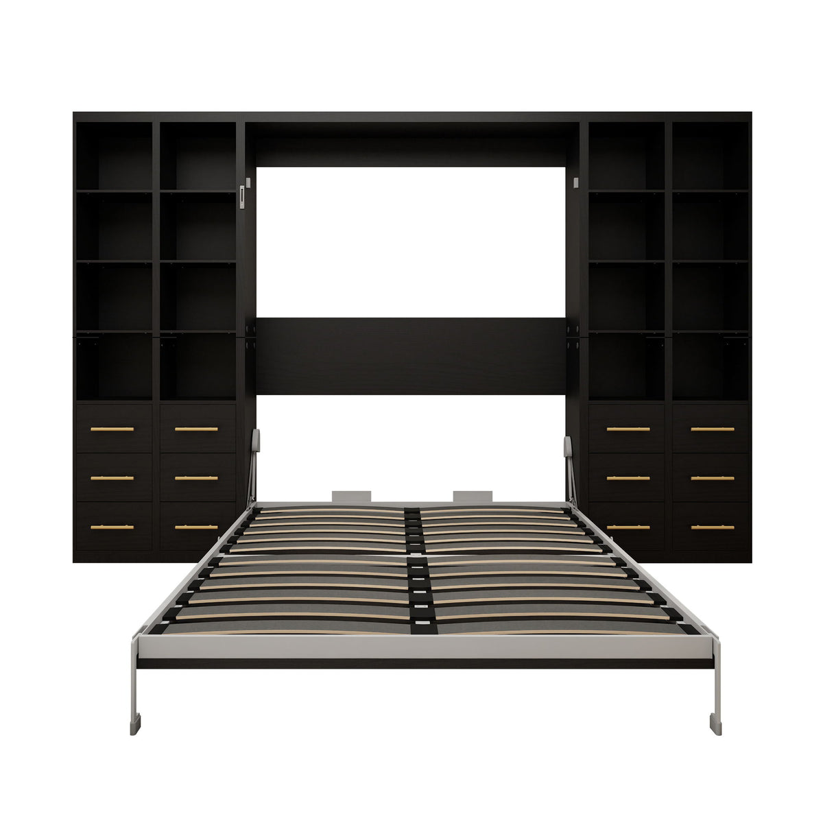 Black vertical Murphy wall bed with open cabinet doors and striped slat mattress base