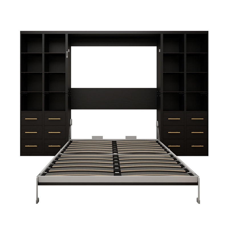 Black vertical Murphy wall bed with open cabinet doors and striped slat mattress base